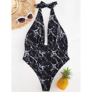 ZAFUL Marble Black White Halter One-Piece Swimsuit Size 2X